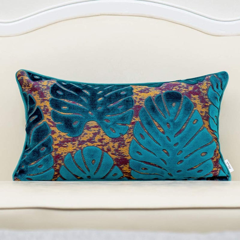 Alerfa 12 x 20 Inch Rectangle Leaf Pillow Embroidery Cut Velvet Cushion Case Luxury Modern Lumbar Throw Pillow Cover Decorative Pillow for Couch Sofa Living Room Bedroom Car, Blue - Image 1